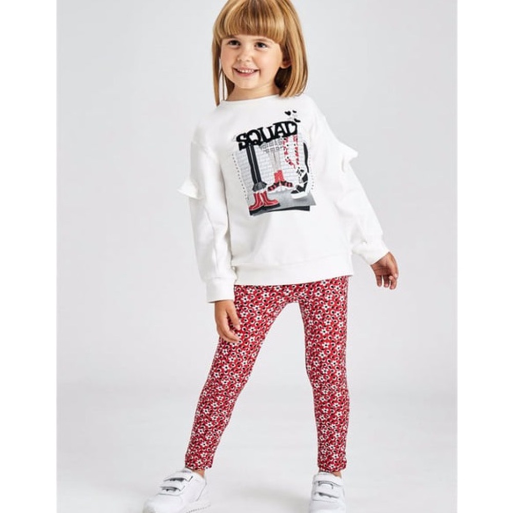 Size 8 Girls Mayoral Graphic White Top and Red Floral Leggings Set
